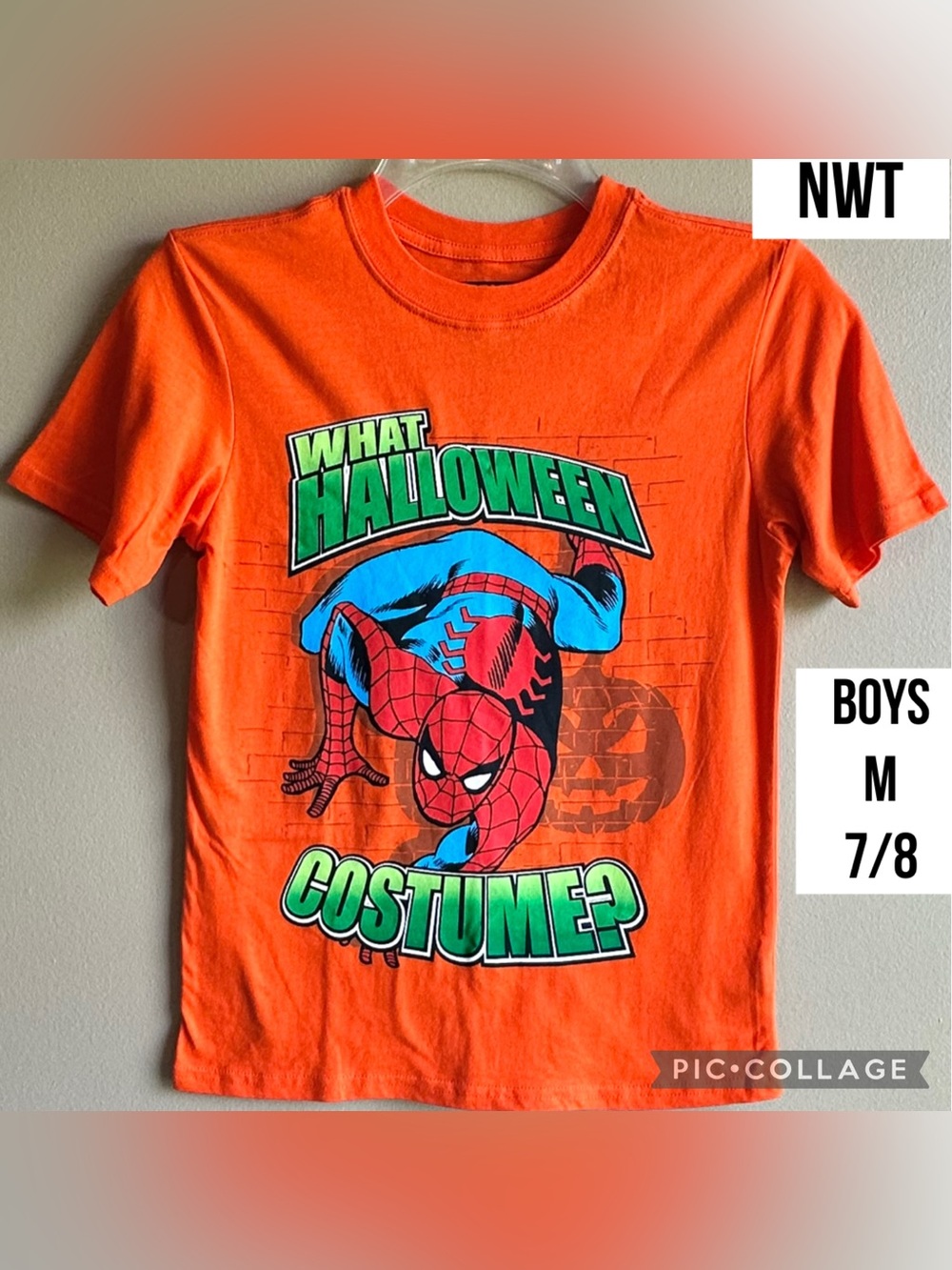 NWT Marvel Boys T-Shirt Spider-Man Halloween Orange Short Sleeve Graphic M 7/8